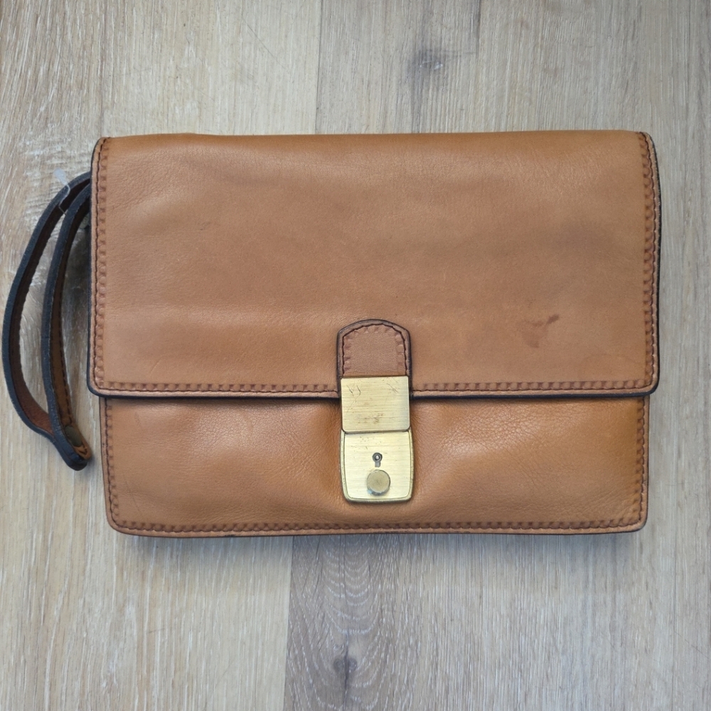 Vtg Bally Italy Leather Clutch Bag Wristlet Organizer Brown Tan Gold Lock & Key